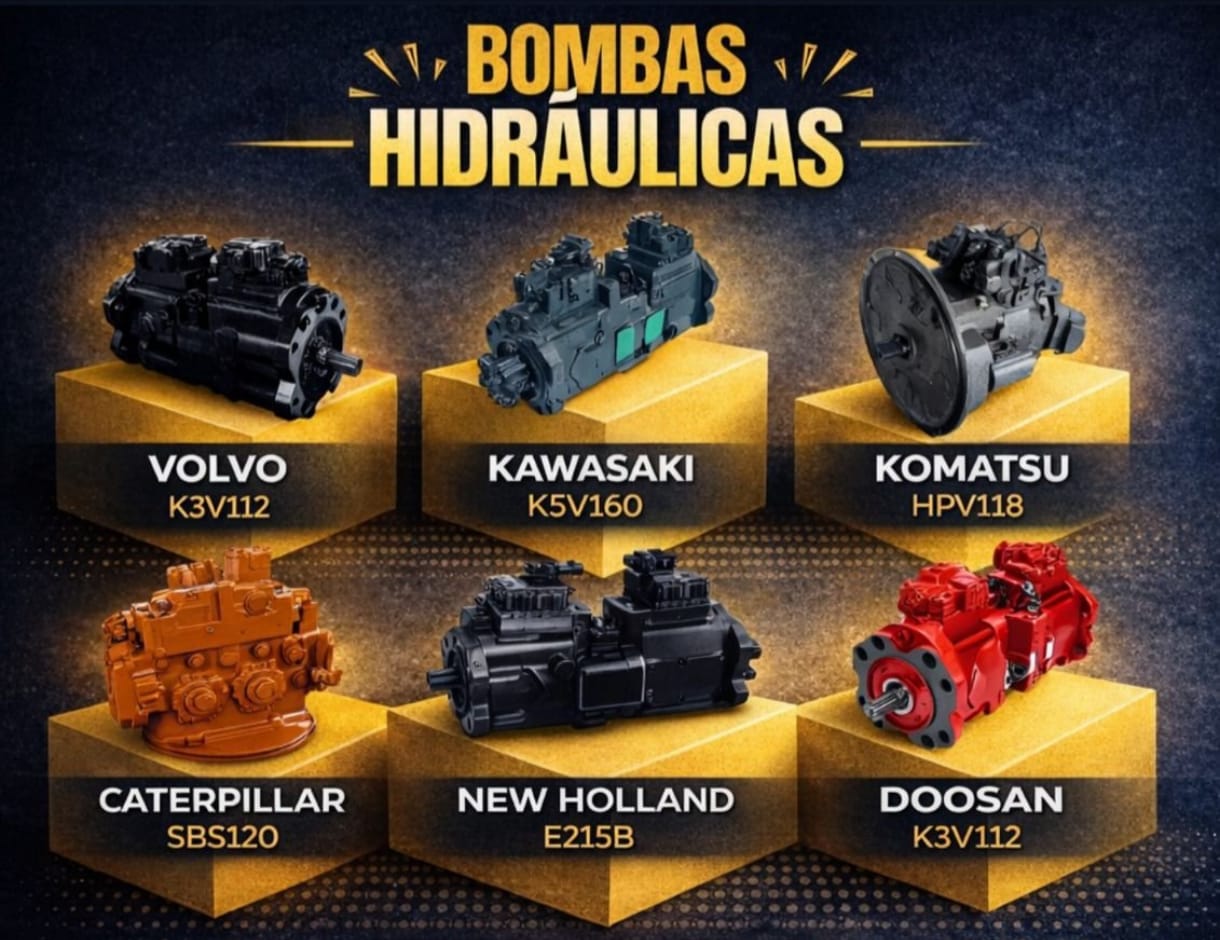 Arte com seis modelos de bombas hidráulicas para diferentes máquinas pesadas.