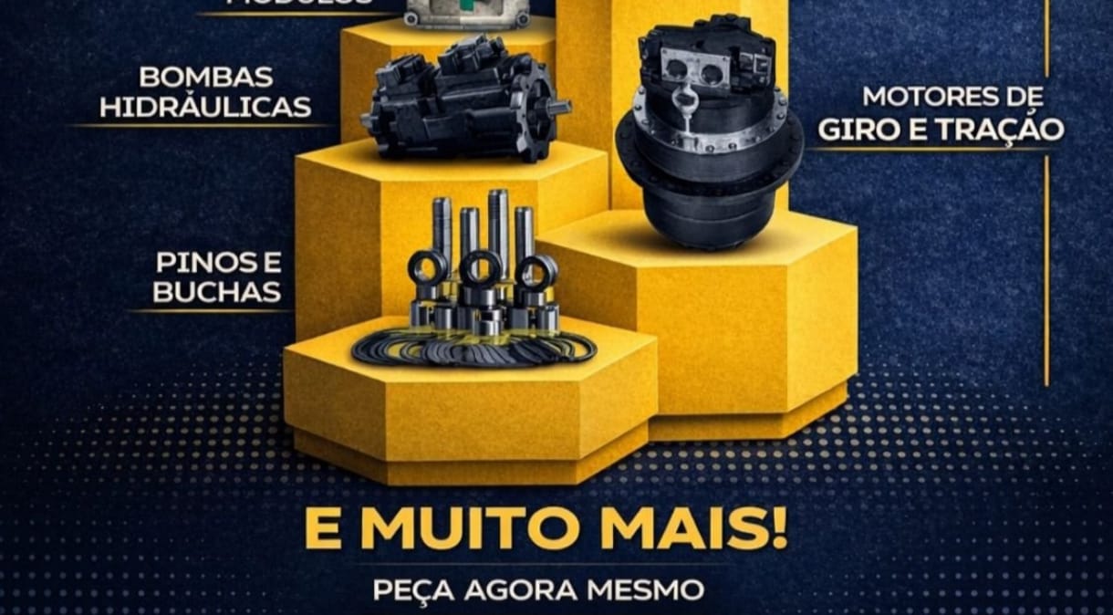 Arte promocional com bombas hidráulicas, motores de giro e tração, pinos e buchas.