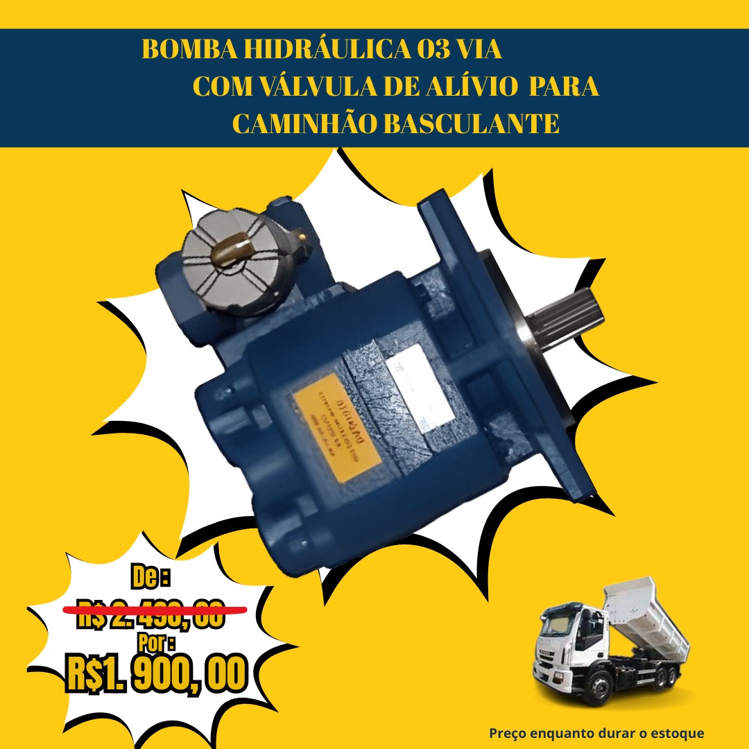 Arte mostrando bomba hidráulica azul de três vias com válvula de alívio para caminhão basculante.