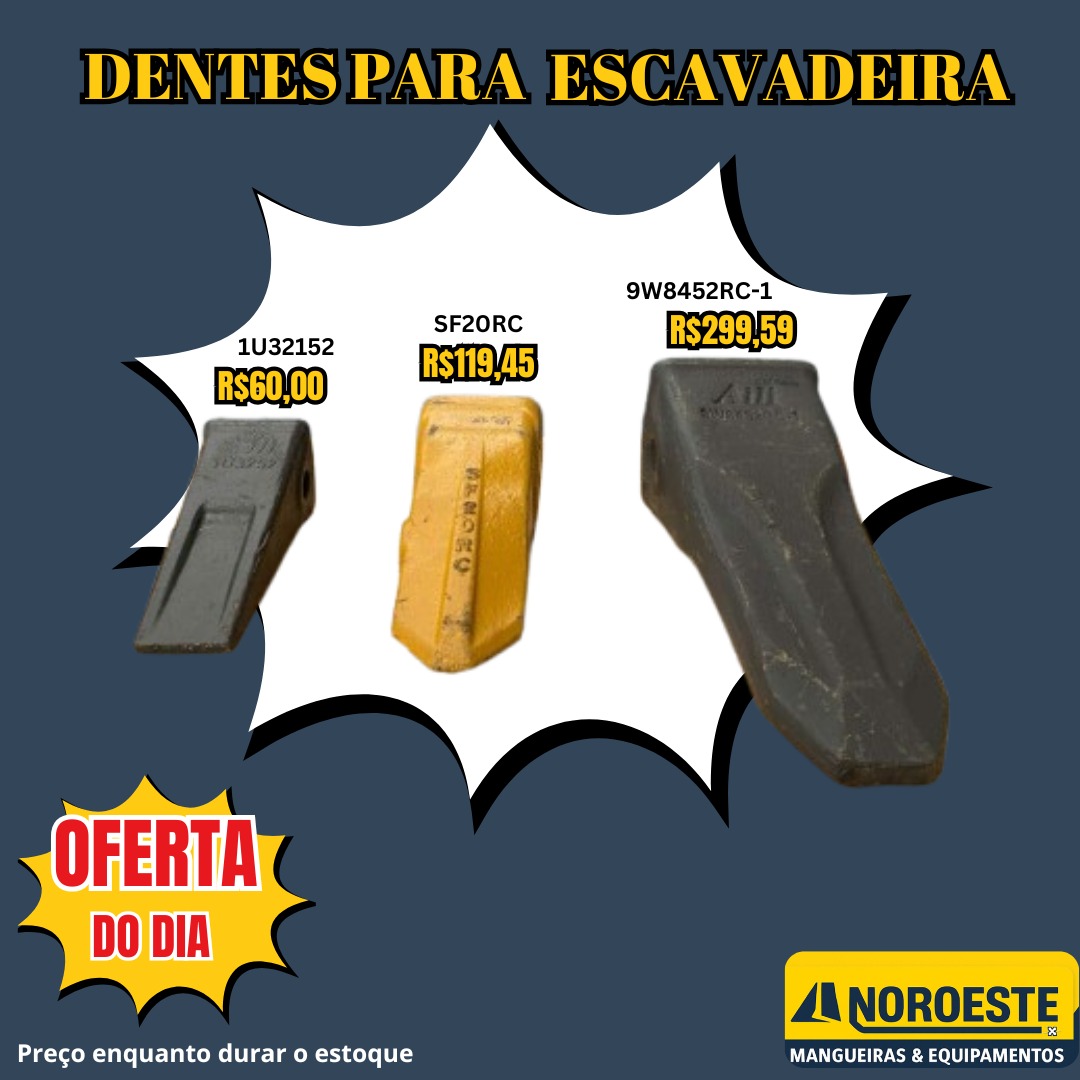 Arte enviada pela Noroeste com três modelos distintos de dentes para escavadeira.
