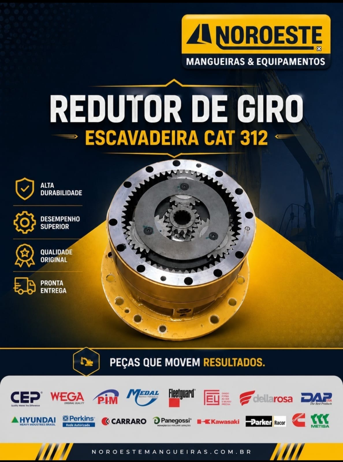 Arte promocional de redutor de giro com engrenagens metálicas, identificado para escavadeira CAT 312.