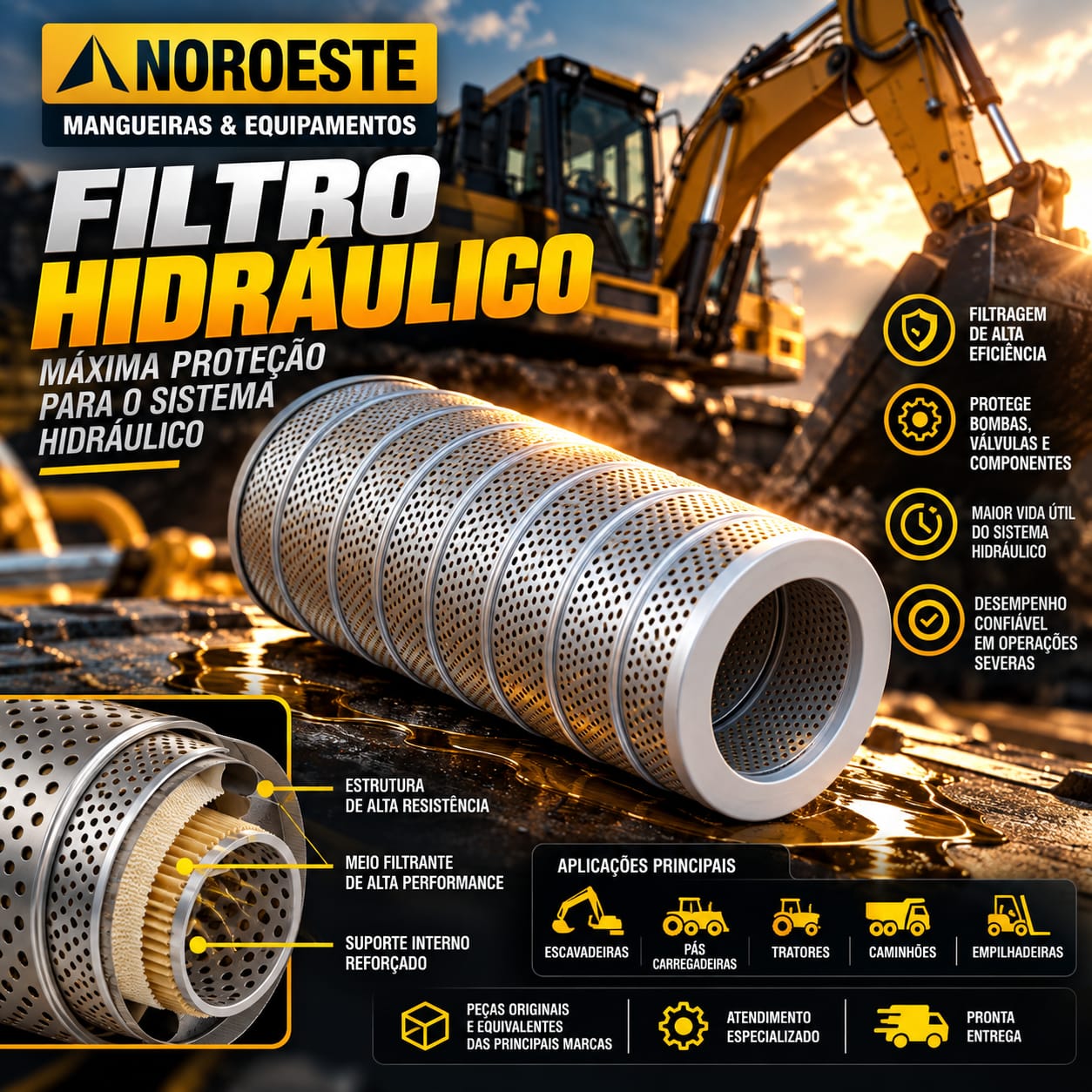 Arte da linha de filtro hidráulico cilíndrico, com escavadeira ao fundo.