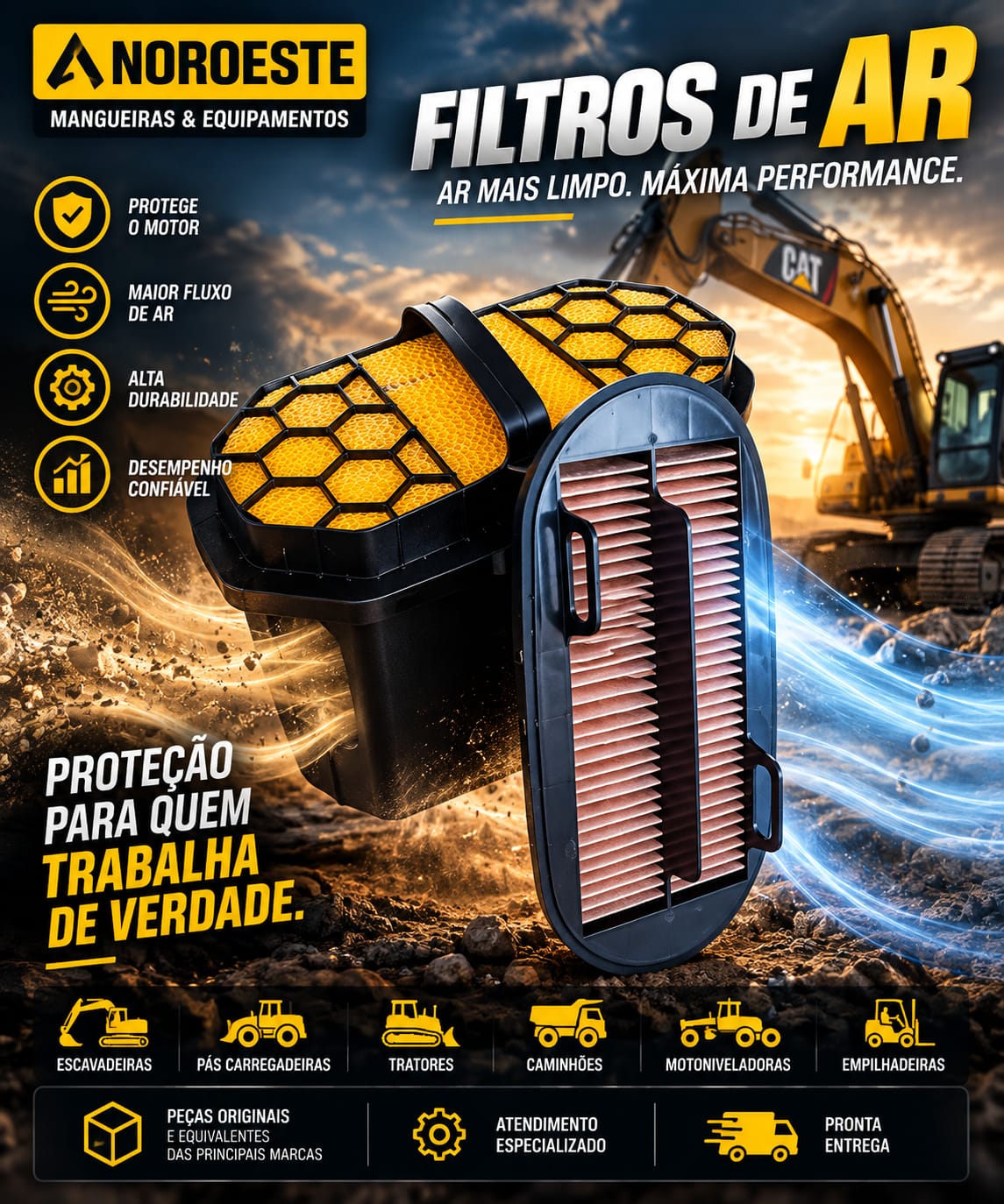Arte mostrando dois filtros de ar e máquinas pesadas ao fundo.
