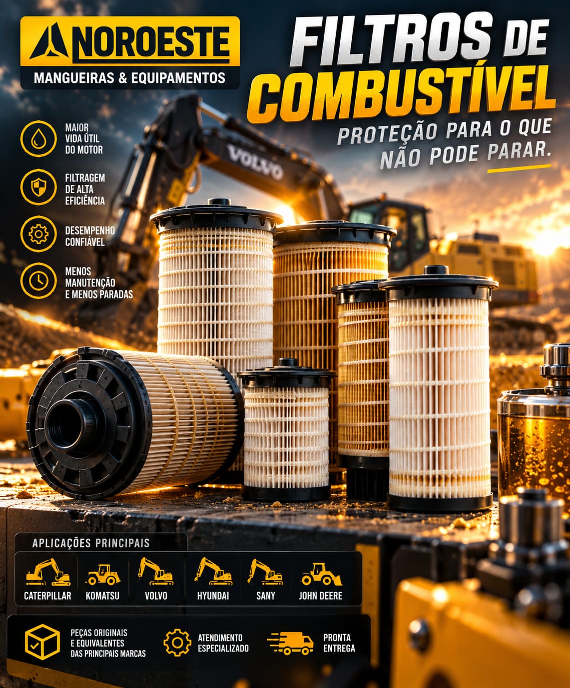 Arte da Noroeste com vários filtros de combustível e equipamentos pesados ao fundo.