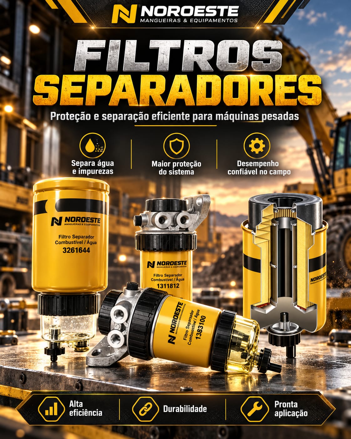 Arte da linha de filtros separadores de combustível e água, com modelos e vista interna de um filtro.