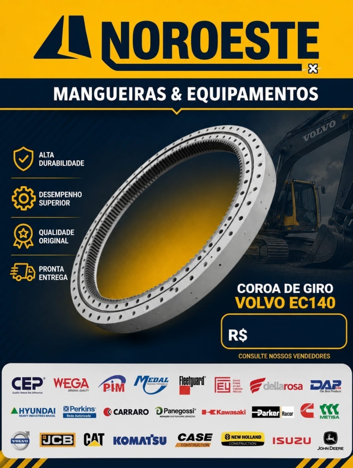 Arte da Noroeste com coroa de giro metálica identificada para Volvo EC140.